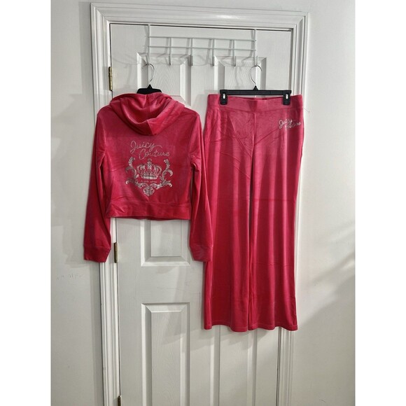 Juicy Couture Pants - Juicy Couture Size XL Velour Tracksuit Set Pink Party Crown Logo Rhinestone